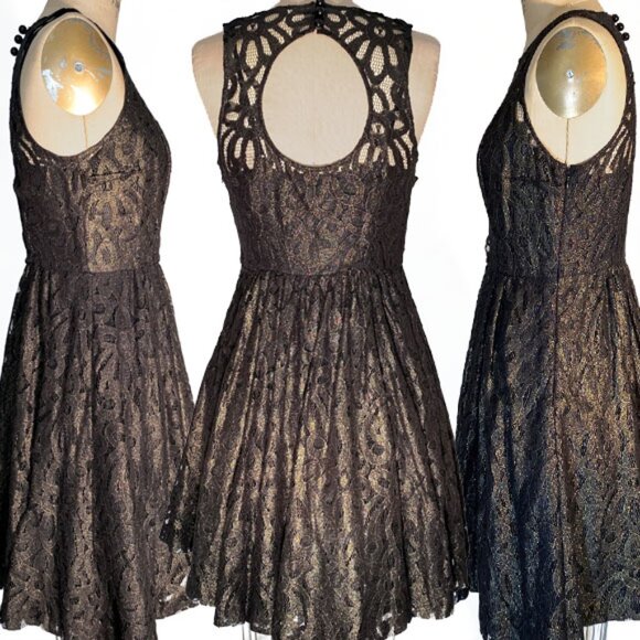 NWT Anthro Gold/Black Shimmering Lace Cocktail Dress By Frock Tracy Reese Size 6 - Picture 4 of 15